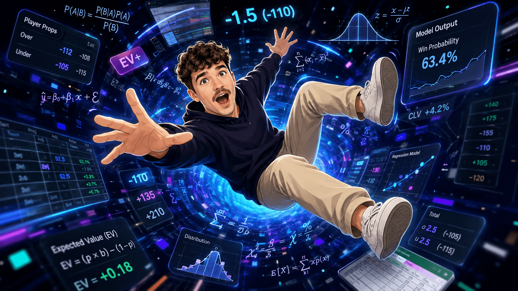 A bettor surrounded by model outputs, probabilities, and betting data